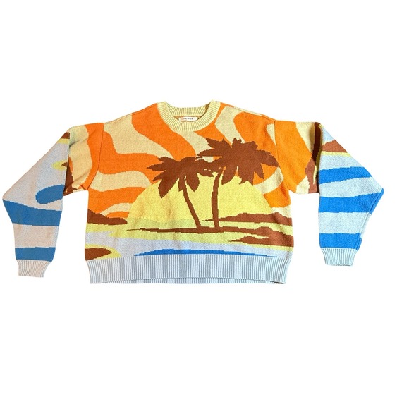 PacSun Sweaters - PacSun Tropical Palm Tree Sunset Intarsia Knit Sweater XS Orange Blue Cotton